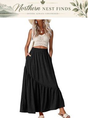 Women's Maxi Skirt Elastic Waist A-Line Flowy Ruffle Hem Pleated Pockets